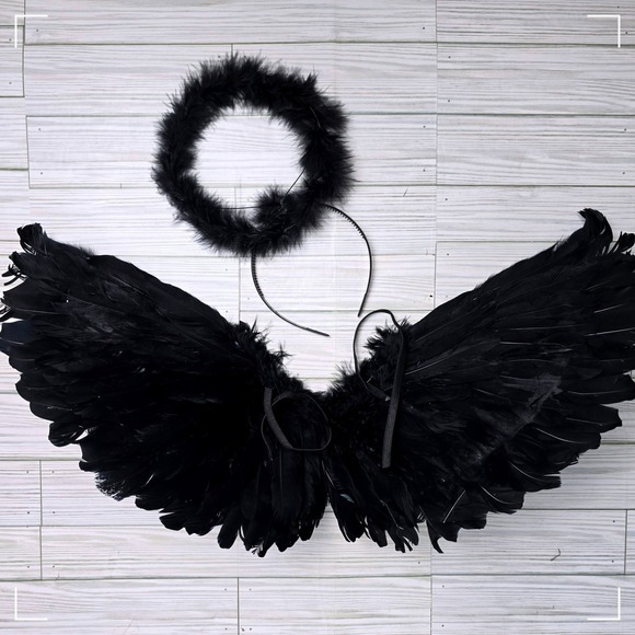Angel Wings & Halo Costume Set Kids Black Feather Halloween Cosplay - Picture 1 of 8